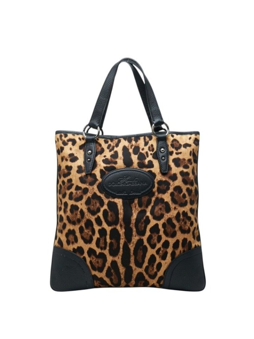Dolce & Gabbana Leopard Print Tote Bag Black Beige Leather Canvas